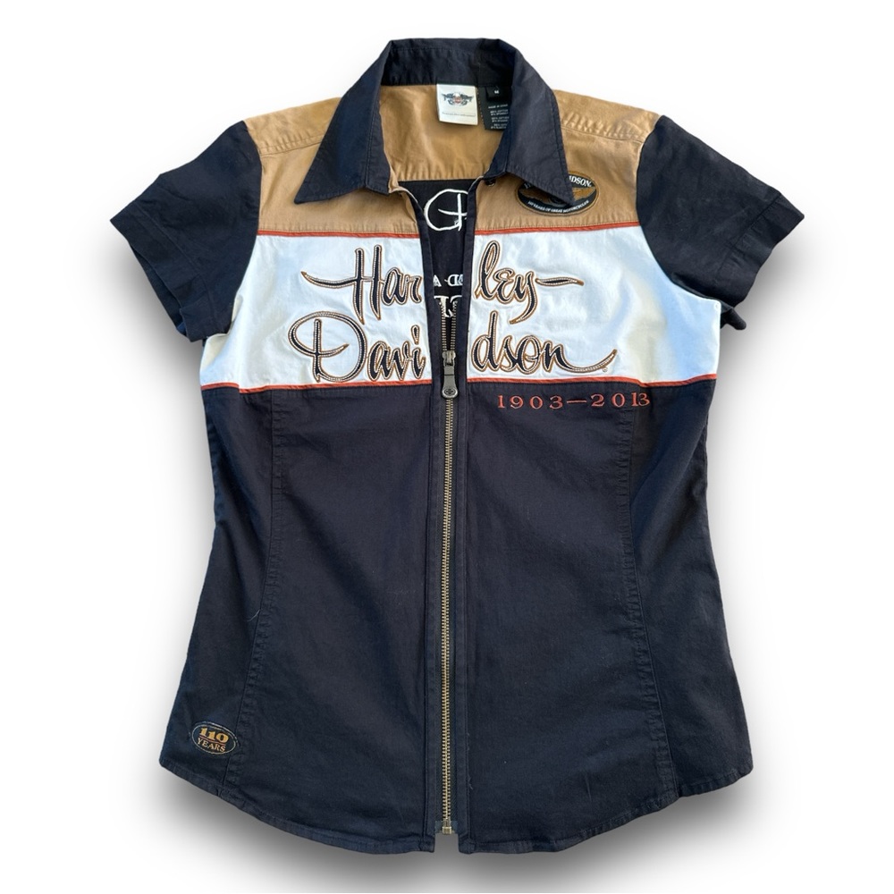 Harley Davidson 110th Anniversary 1903-2013 Zip Up Collard Shirt Women’s Size M